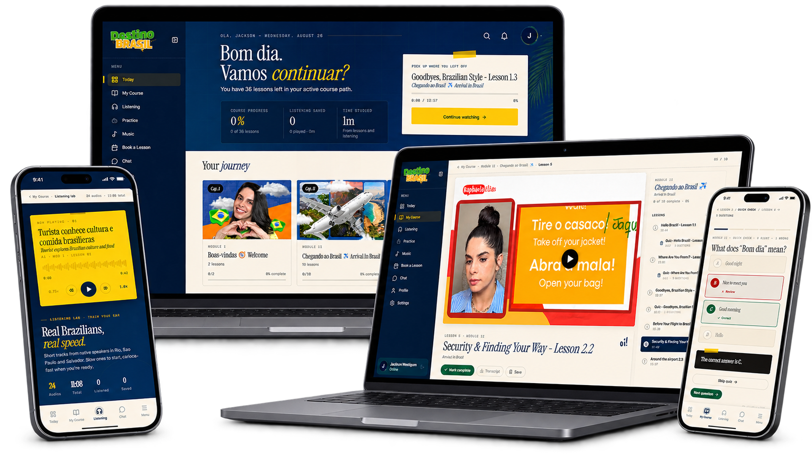 Destino Brasil course platform on laptops and mobile devices